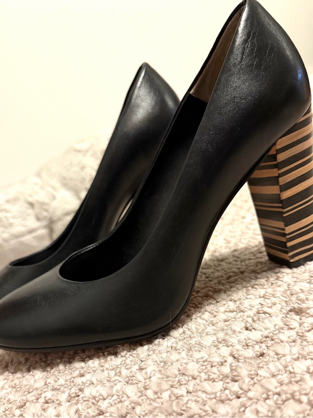 Black Leather Pumps with Striped Block Heel